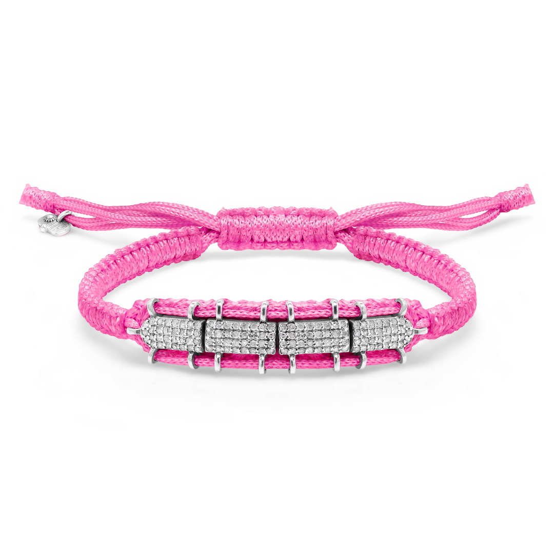 Bubblegum pink Row diamond bracelet laid flat, showing the sliding closure