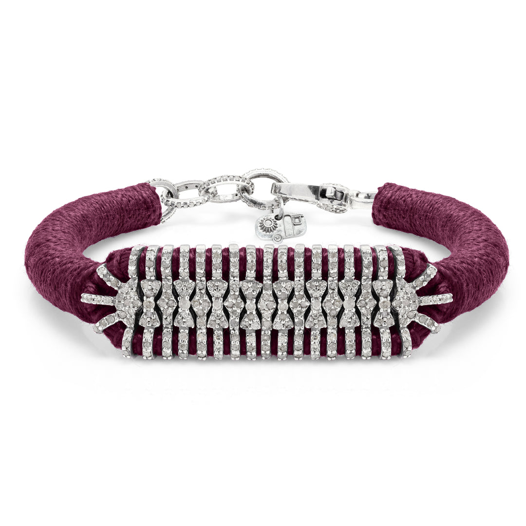 Caravan of Stones Claret Velvet pavé diamond slim stacker bracelet with silver clasp on white background