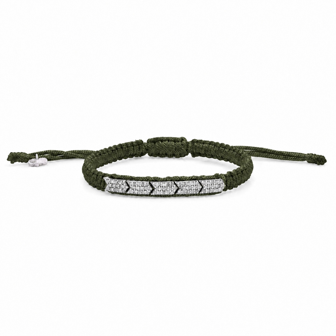 Méridien natural diamond bracelet in Olive Green, with five pavé-set chevrons on woven thread