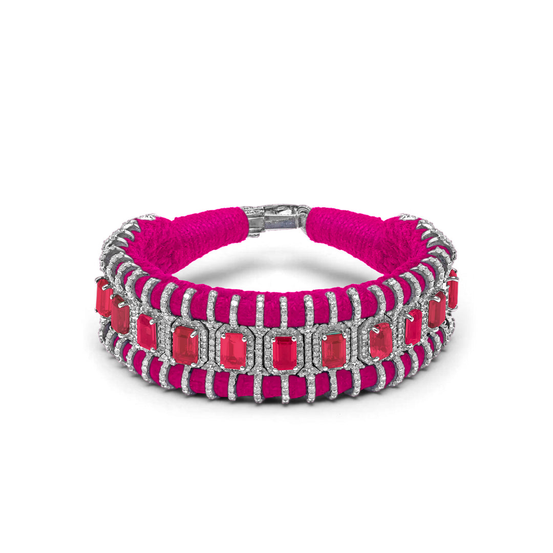 Caravan of Stones Sarasota pink pavé diamond and ruby bracelet with clasp on white background