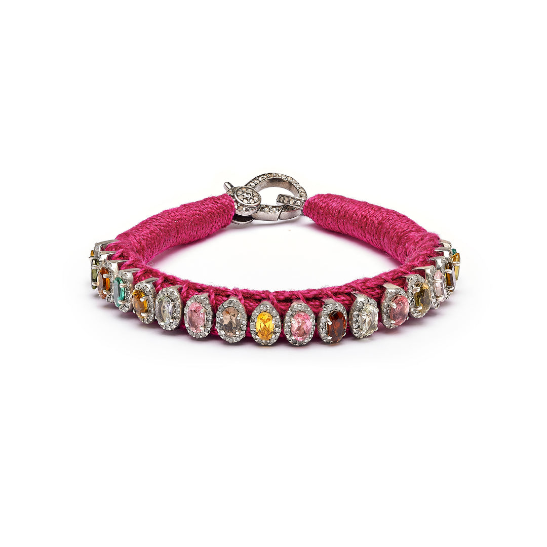 Pink mini thread diamond bracelet with multi-coloured tourmalines