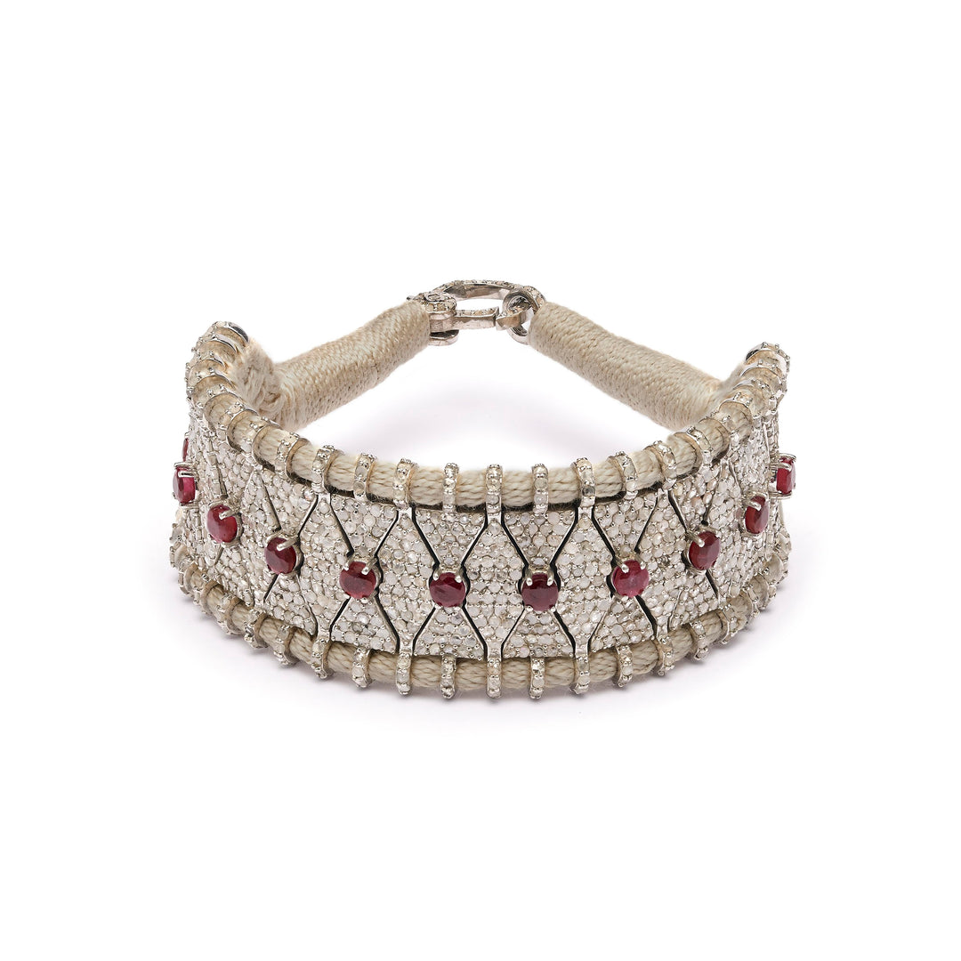Skoura sand thread bracelet with pavé diamonds and rubies