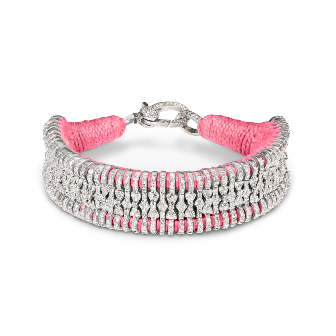 Baby pink thread bracelet with pavé diamonds and silver detailing