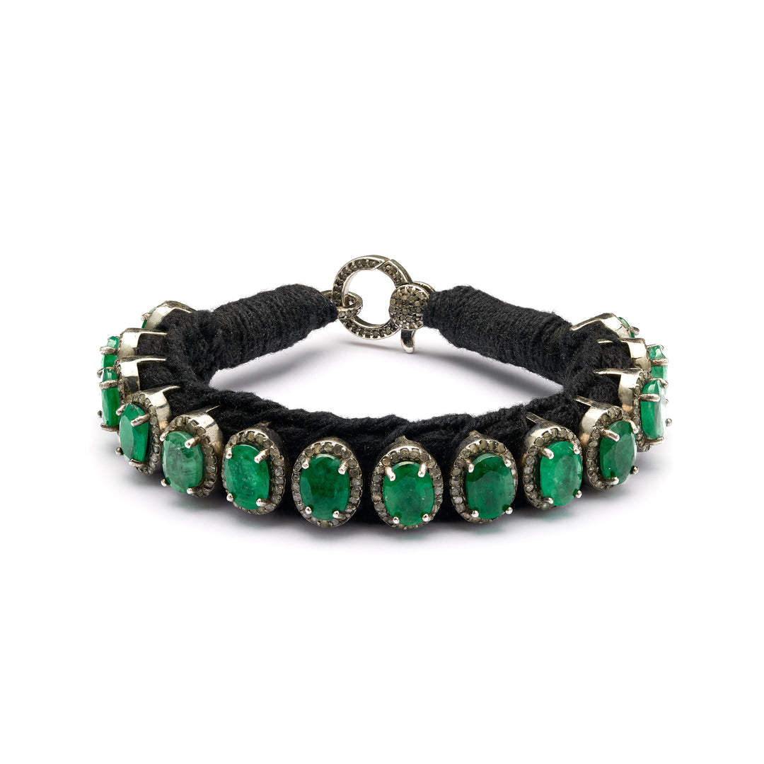 Venice black thread bracelet with pavé diamonds and emeralds