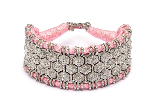 Santa Margherita baby-pink thread bracelet with hand-set natural pavé diamonds