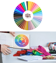 Seasonal colour wheel with the Caravan of Stones logo above colour-analysis fabrics and swatches