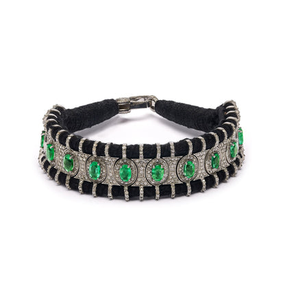 Black thread diamond and emerald bracelet