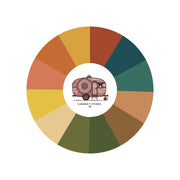 Colour wheel for Autumn Colour Season with a vintage caravan illustration in the centre on a white background