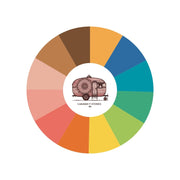 Colour wheel for Spring Colour Season with a vintage caravan illustration in the centre on a white background