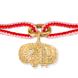 Alassio pink and red kumihimo bracelet with a gold diamond caravan charm