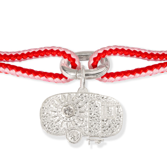 Alassio diamond charm bracelet with vibrant pink and red kumihimo thread