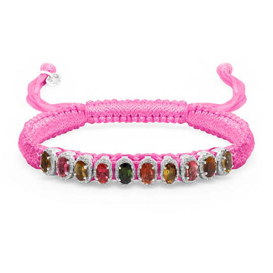 Bubblegum pink Mini Lisse bracelet with multicoloured gemstones and a sliding closure on white