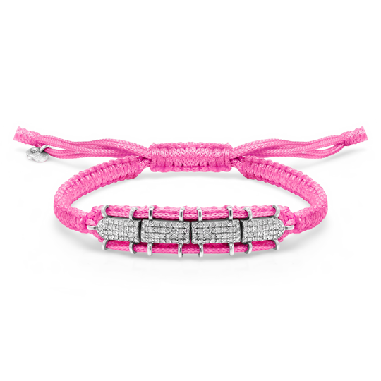 Bubblegum pink Row diamond bracelet laid flat, showing the sliding closure