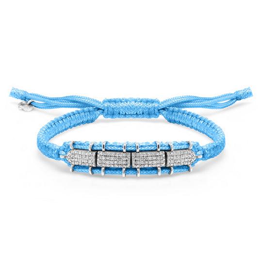 Row baby blue diamond bracelet on white background with sliding lock by Caravan of Stones
