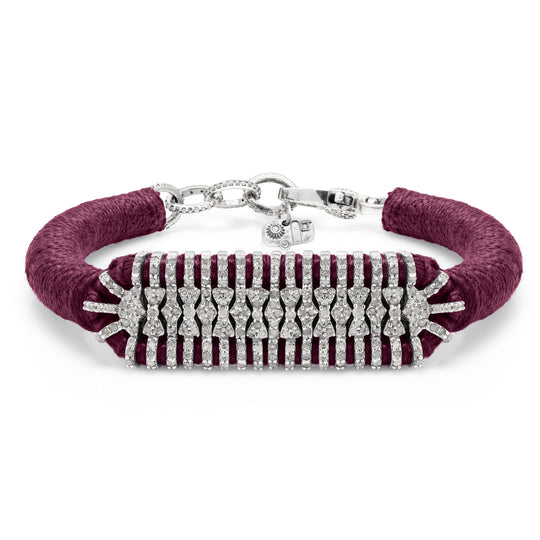 Caravan of Stones Claret Velvet pavé diamond slim stacker bracelet with silver clasp on white background