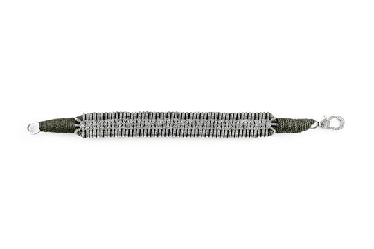 Dark olive gunmetal Stacker bracelet laid flat, showing pavé diamond links and clasp