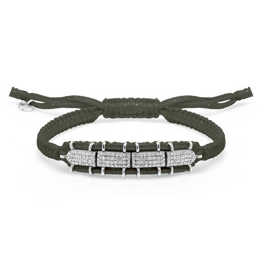 Dark Olive Gunmetal Row diamond bracelet with pavé diamond links on a water-resistant thread with a sliding lock, on white