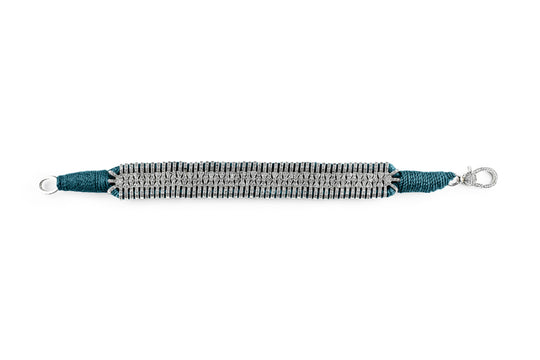 Caravan of Stones deep petrol teal pavé diamond stacker bracelet laid flat showing clasp and thread detail
