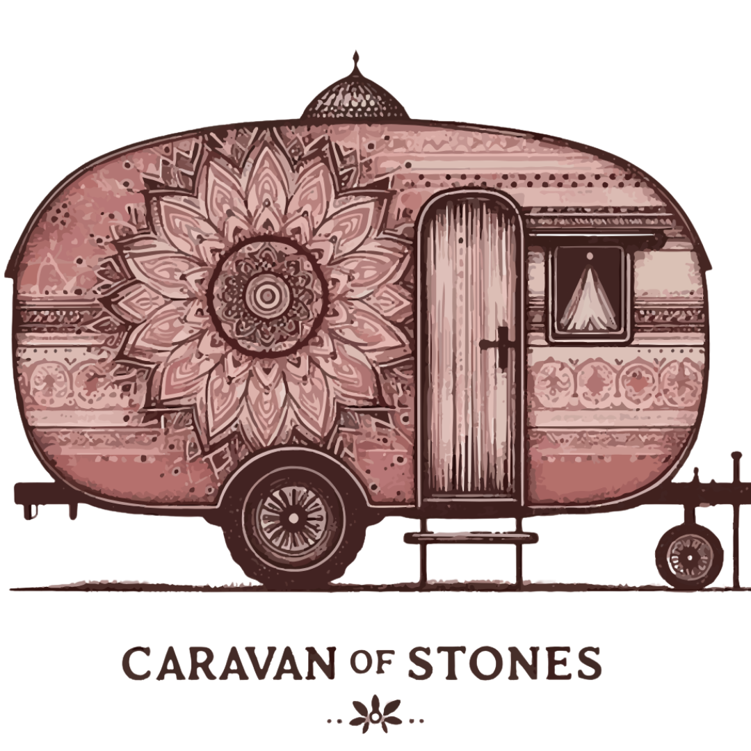 Caravan of Stones illustrated caravan logo in white and rose tones