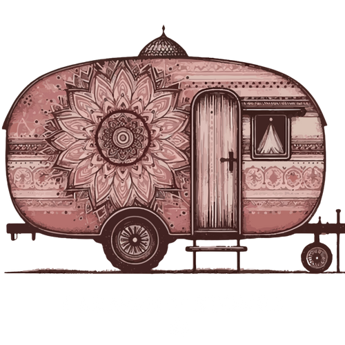 Caravan of Stones logo, illustrated caravan with mandala pattern