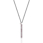 Front view of the Caravan of Stones LOVE Necklace: pavé diamond sterling silver pendant with rubies spelling LOVE in Morse code, on a black cord