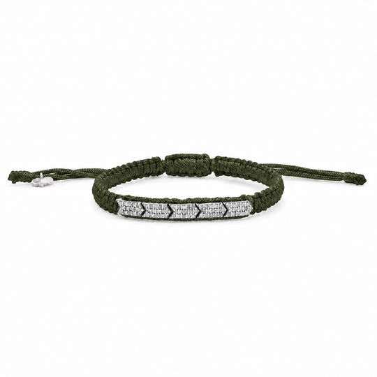 Méridien natural diamond bracelet in Olive Green, with five pavé-set chevrons on woven thread