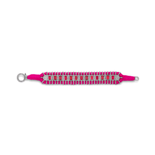 Caravan of Stones Sarasota pink pavé diamond and ruby bracelet laid flat showing clasp and thread detail
