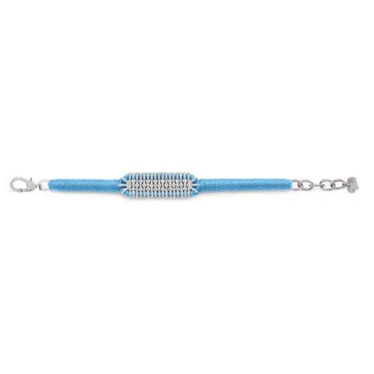 Caravan of Stones Sky Blue pavé diamond slim stacker bracelet laid flat showing clasp and thread detail
