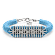 Caravan of Stones Sky Blue pavé diamond slim stacker bracelet with silver clasp on white background