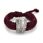 Top view of The Diamond Ring in Vampire Claret Linhasita: pavé diamond sterling silver band on braided waxed thread with adjustable sliding knot