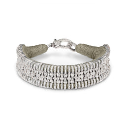 Cashmere Earth taupe thread bracelet with pavé diamonds and silver detailing