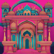 Colourful illustration of an ornate palace entrance in pink, teal and gold
