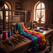 Illustrated jewellery workshop with colourful thread arranged across a workbench