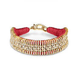 Coral gold thread bracelet with pavé diamonds and gold detailing
