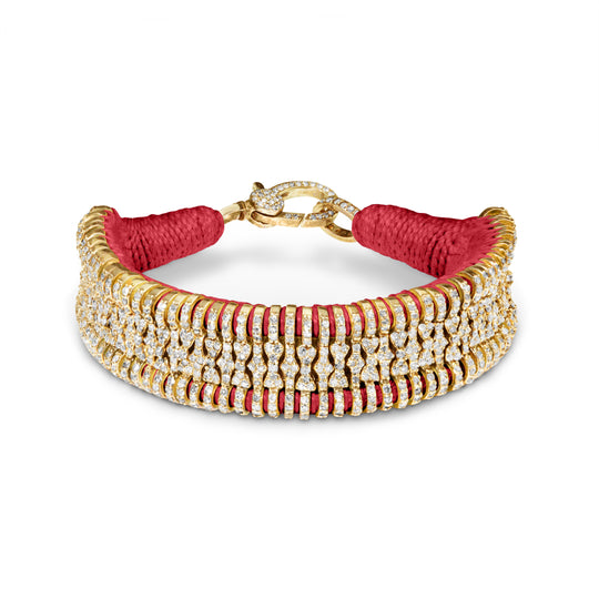 Coral gold thread bracelet with pavé diamonds and gold detailing