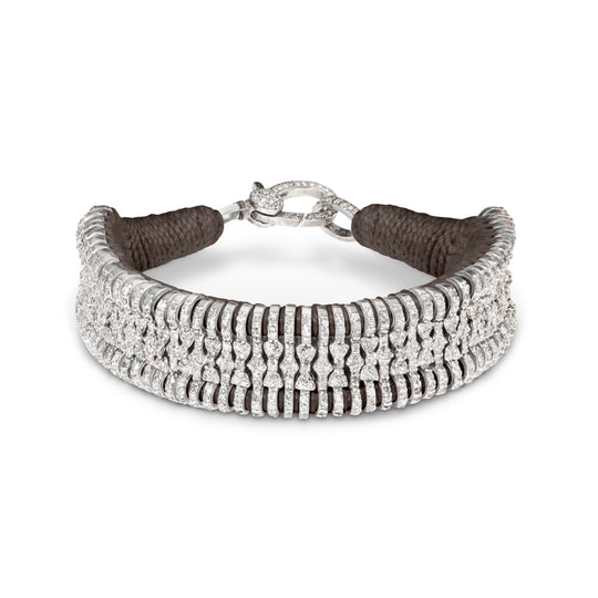Espresso Luxe brown thread bracelet with pavé diamonds and silver detailing