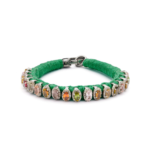 Green mini thread diamond bracelet with multi-coloured tourmalines