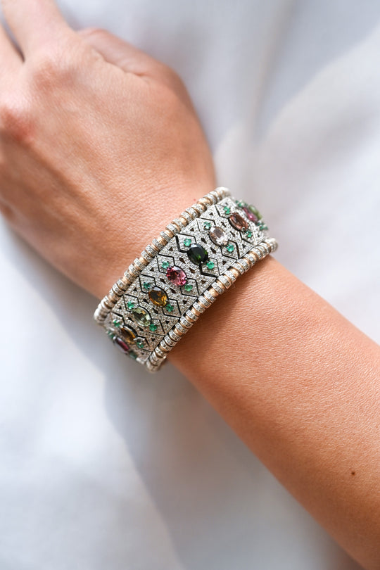 Jaipur sand thread pavé diamond and multi-coloured tourmaline bracelet worn on the wrist