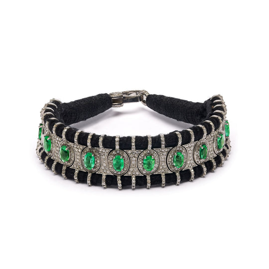 London black thread pavé diamond and emerald bracelet shown from the front