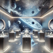 White jewellery showroom with a moon and planets across the ceiling