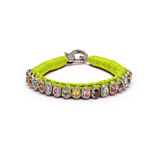 Neon yellow mini thread diamond bracelet with multi-coloured tourmalines