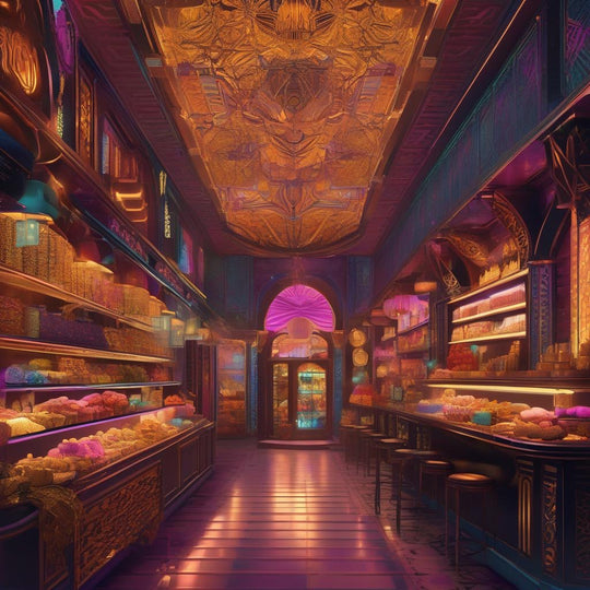 Ornate jewellery shop interior in deep red and gold