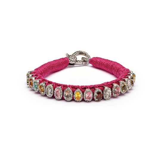 Pink mini thread diamond bracelet with multi-coloured tourmalines