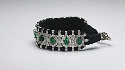 London - Black Thread Pavé Diamond and Emerald Bracelet