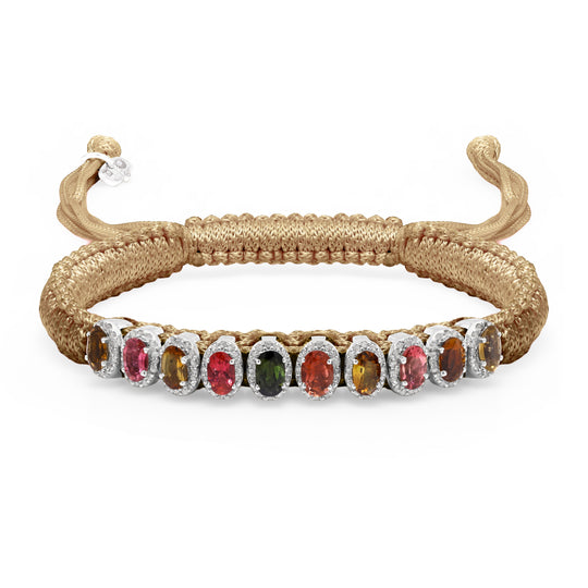 Saddle Camel Mini Lisse bracelet with multi-coloured gemstones on a white background