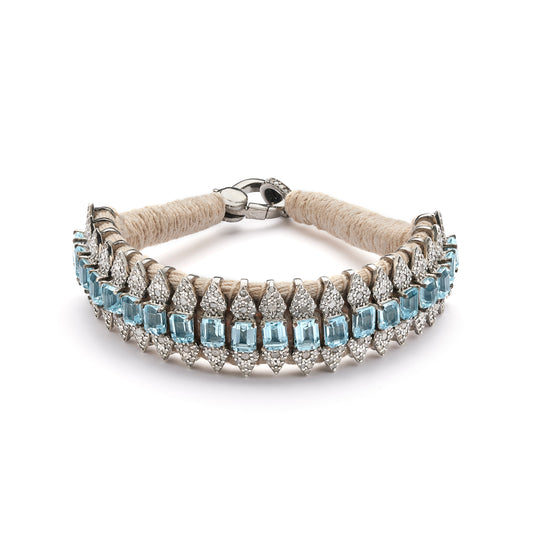 Saint Tropez sand thread bracelet with single-cut diamonds and blue topaz shown from the front