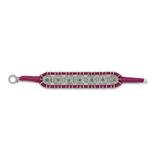 Salar Claret Velvet Thread Pavé Diamond and Emerald Bracelet laid flat on white