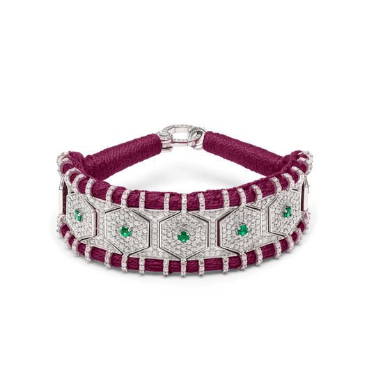 Salar Claret Velvet Thread Pavé Diamond and Emerald Bracelet shown in a round view on white