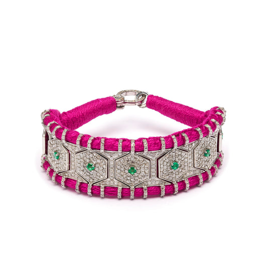 Salar pink thread bracelet with pavé diamonds and emeralds