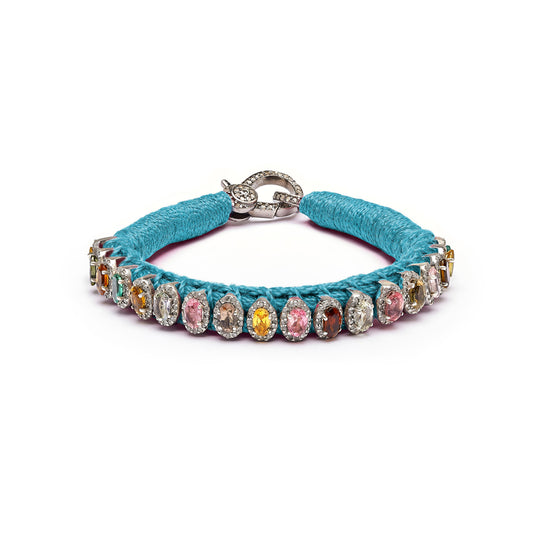 Sky Blue Mini thread diamond bracelet with multi-coloured tourmalines shown from the front